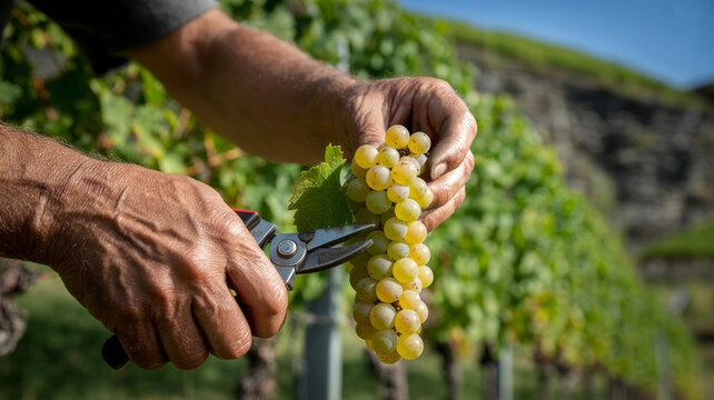 Winzer bei der Traubenpflege im Weinberg, Mosel
