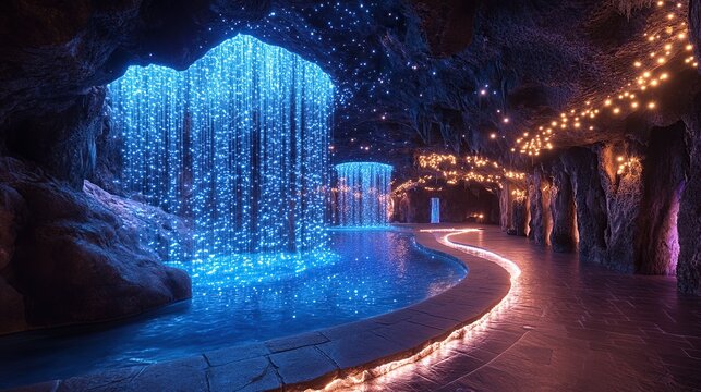 Enchanted Blue Cave Waterfall Spa Pathway Illuminated by Warm and Cold Lights