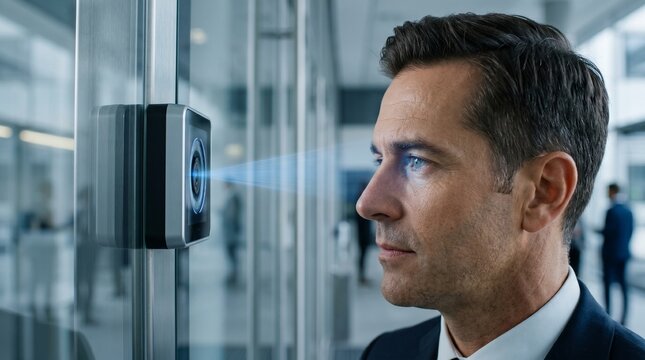 Futuristic sleek biometric security retina scanner at a modern corporate headquarters entrance