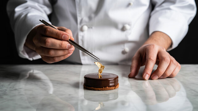 Konditor verziert Schokoladentarte mit Blattgold, Makro