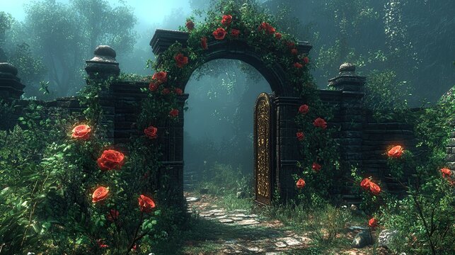 Enchanted Rose-Covered Stone Archway Opening into a Misty Forest Path Beyond