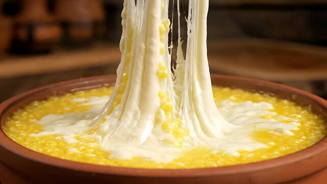 Delicious Melted Cheese and Corn Dish Being Stirred in Clay Pot.