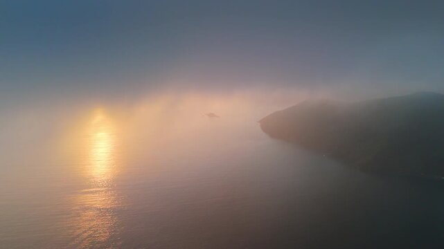 Aerial view of the island of Ilha Grande near the town of Angra dos Reis in Brazil during sunrise