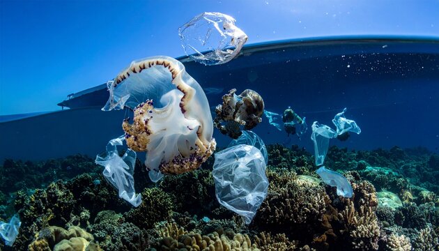 Ocean pollution with plastic waste affecting marine life and coral reefs
