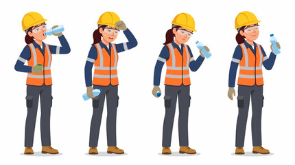 Obraz premium A sequence of a female construction worker staying hydrated and feeling hot while working, illustrating the importance of water on the job site.