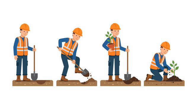 Man in hard hat and safety vest planting a tree sapling in four steps, showing the process of digging, placing, and covering the plant.