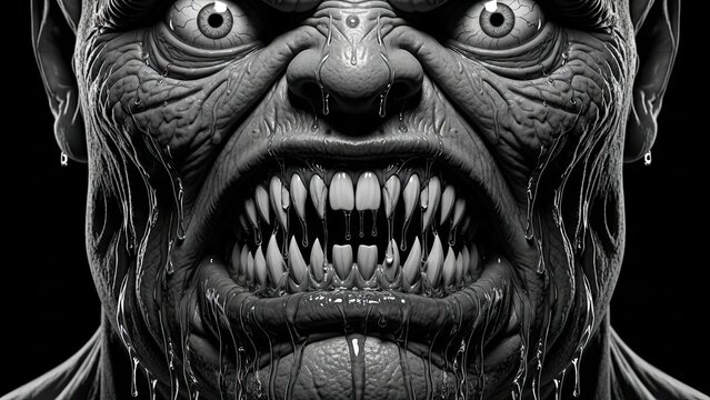 Grotesque monochrome creature with exaggerated features and a horrifying toothy grimace in high