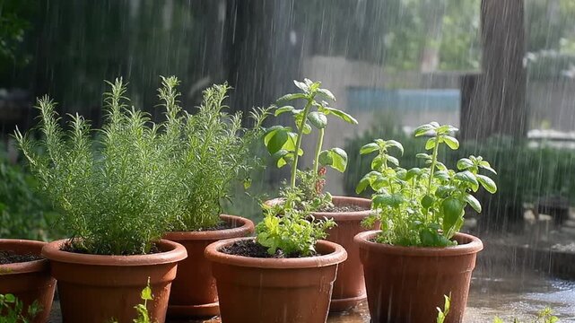 Potted herbs thriving outdoors in a gentle rain shower, showcasing fresh green foliage.