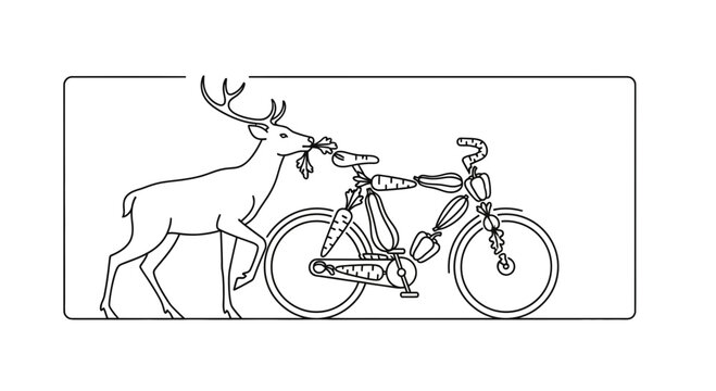 Deer eating leaves from a bicycle made of carrots and vegetables