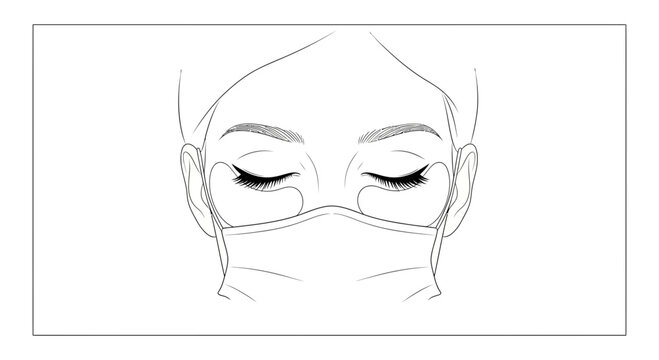 Close-up line art of a woman's face wearing a face mask and eye patches, closed eyes