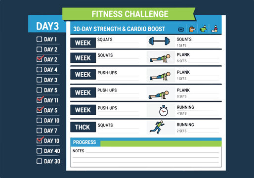 A fitness chart template for a 30-day strength and cardio challenge