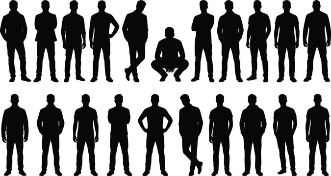 Large set of male silhouettes in standing and sitting poses isolated collection for design reference use