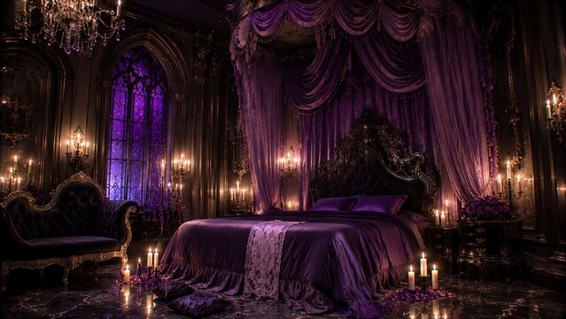 Dark purple canopy bed with candles in gothic bedroom
