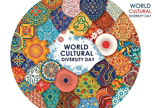 A colorful mosaic circle with diverse patterns celebrating cultural diversity