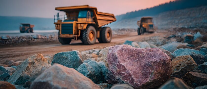 Large yellow mining dump truck driving on dirt road at quarry with other trucks and rocks foreground.