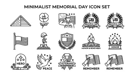 Obraz premium Minimalist Memorial Day Icon Set: Flags, Soldier, Poppy, Tombstone, Dove, Ribbons