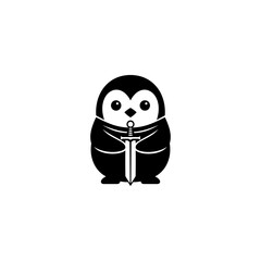 ​A charming vector illustration of a cute penguin character holding a sword like a knight or warrior isolated on white background © Yayagisawa