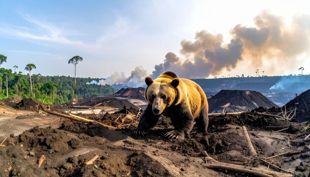 Bear in deforested landscape with smoke in the background
