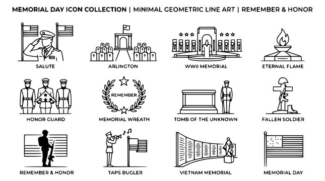 Memorial Day Icon Collection: Minimal Geometric Line Art for Remembrance and Honor