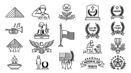 Obraz premium Memorial Day Symbols and Icons - US Flag, Soldier, Poppy, Tombstone, Bugle, Wreath