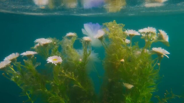 Underwater serenity delicate white flowers and lush green aquatic plants ascend towards the tranquil surface, capturing a peaceful submerged garden bathed in filtered light