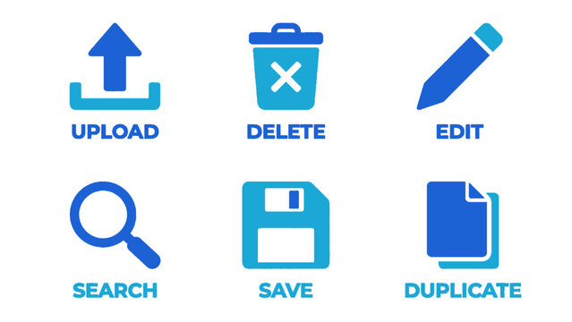 Simple blue file operation icons for archive, search, save, and editing functions.