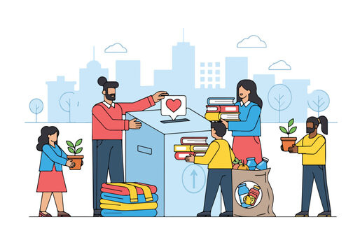 A diverse group donates items to a large donation box