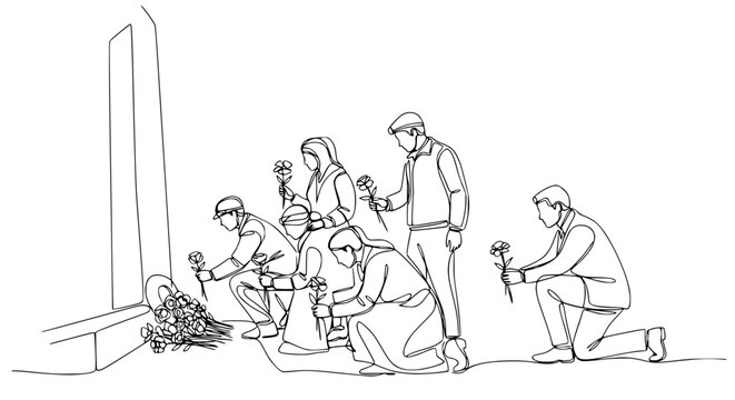 People laying flowers at monument, one line drawing, tribute, remembrance