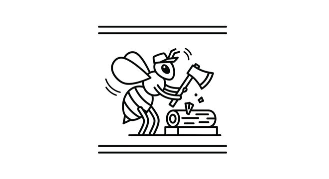 Funny bee chopping wood with axe, cartoon style, isolated on white background