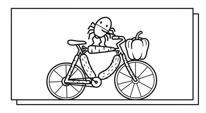 Funny bug riding a vegetable bicycle with pumpkin and carrot