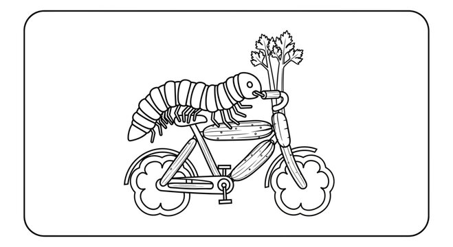 Funny Caterpillar Riding a Bicycle Made of Vegetables, Cartoon Style