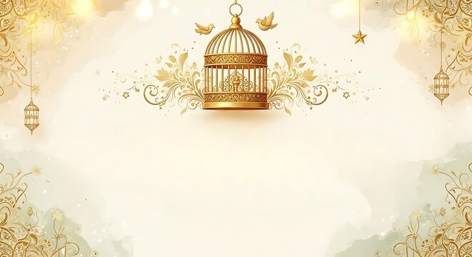 Golden birdcage with decorative floral ornaments and dollar signs