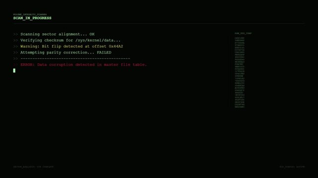Critical Data Corruption Alert Screen with Bit Rot Detection and System File Integrity Error Terminal.