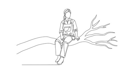 Obraz premium Woman in Overalls Sitting on Tree Branch, Minimalist Line Art