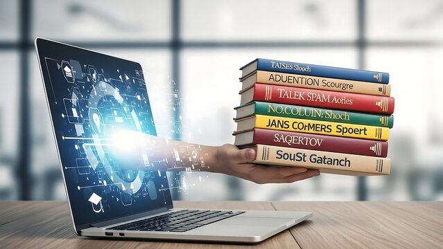 Hand emerges from laptop screen holding stack of books.
