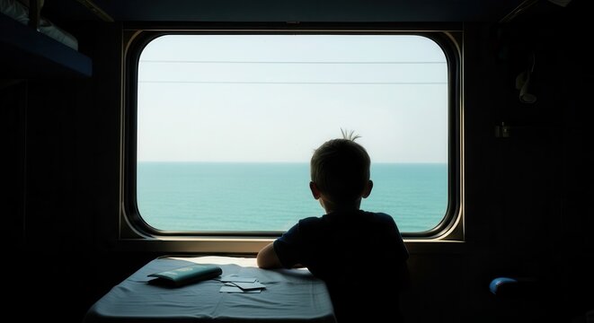 Little Boy Looking Out of Train Window at the Sea During a Long Journe