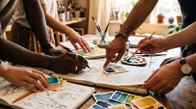 Close Up of Diverse Hands Collaborating on Creative Project