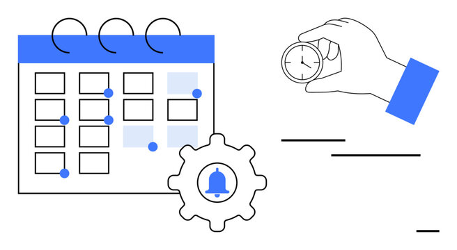 Productivity, scheduling, time tracking, deadline reminders, workflow management, planning. Blue-accented calendar with marked dates, a hand holding a clock and a gear with a bell icon. Scheduling