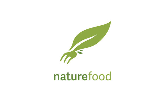 Healthy Green Food diet and catering logo combining fork and green leaf icon symbol
