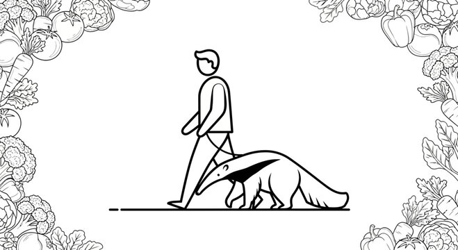 Person walking an anteater on a leash, unusual pet concept, vector illustration
