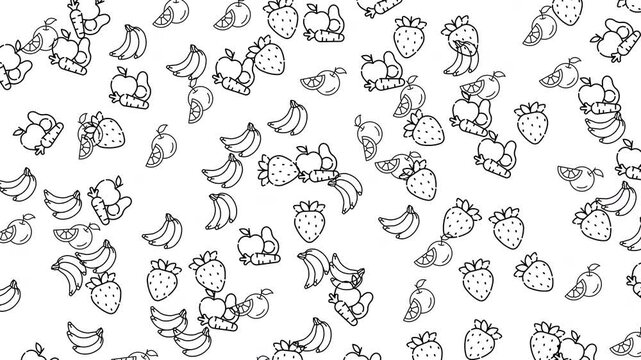 Minimalist black and white seamless pattern background animation featuring cute fruit and vegetable line art icons. Includes strawberries, bananas, apples, oranges, and carrots 