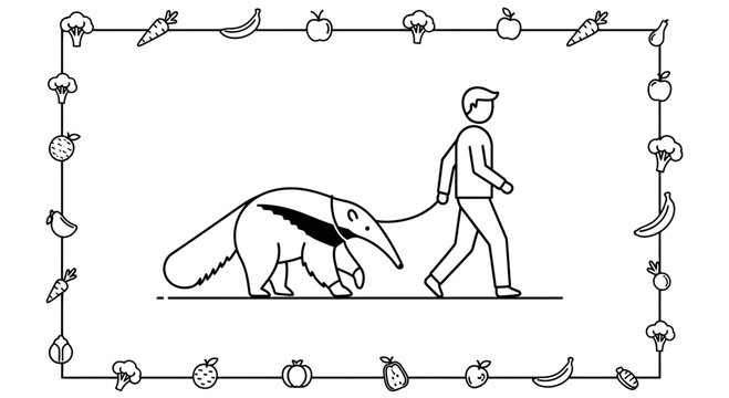 Man walking an anteater on a leash, surrounded by a border of fruits and vegetables.