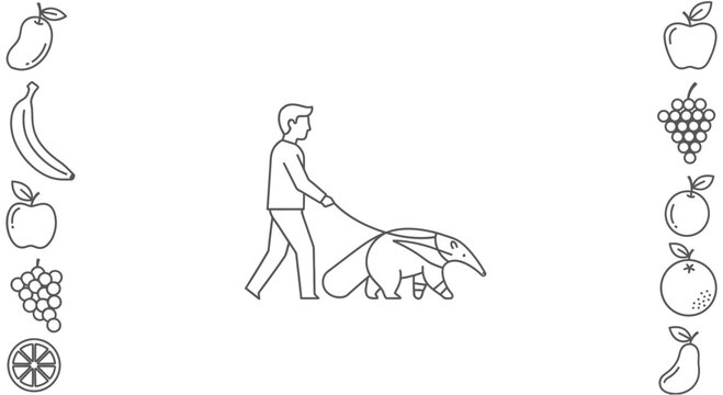 Man walking an anteater on a leash, surrounded by fruit icons
