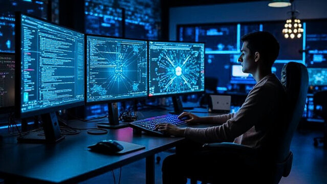 AI Coding Workspace with Futuristic Programming and Software Development Setup