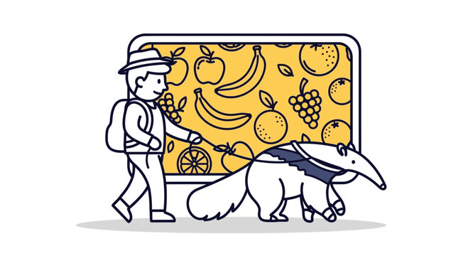 Man walking anteater on leash with fruit background, healthy lifestyle, fun, unique pet