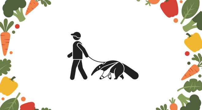 Man Walking Anteater on Leash, Unusual Pet, Healthy Lifestyle, Organic Food Border