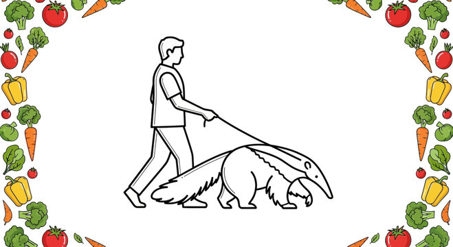 Man walking giant anteater on leash, unusual pet, healthy lifestyle, vector illustration