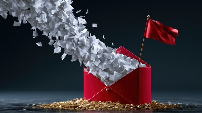 A red mailbox with a raised flag overflowing with white envelopes, surrounded by a pile of coins, symbolizing bulk mail or financial communication.