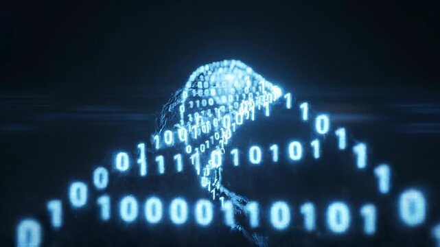 Digital illustration of a bird made from binary code on a dark background.