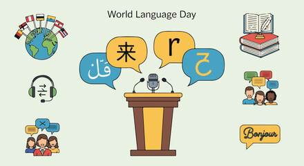 A colorful illustration celebrating World Language Day with a podium and speech bubbles © Jalilun